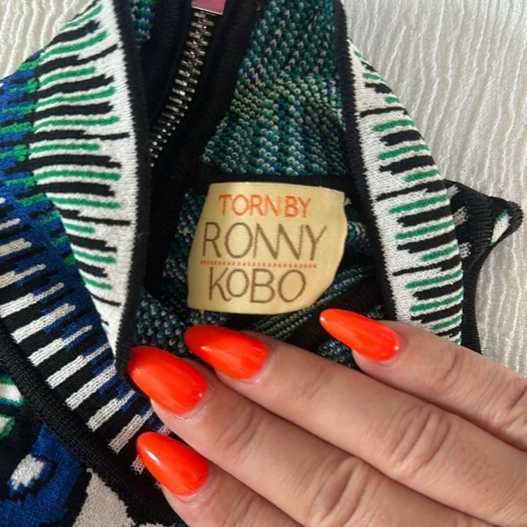 Torn by Ronny Kobo Blue Black Graphic stretch knit halter style Tank Top - Picture 2 of 8